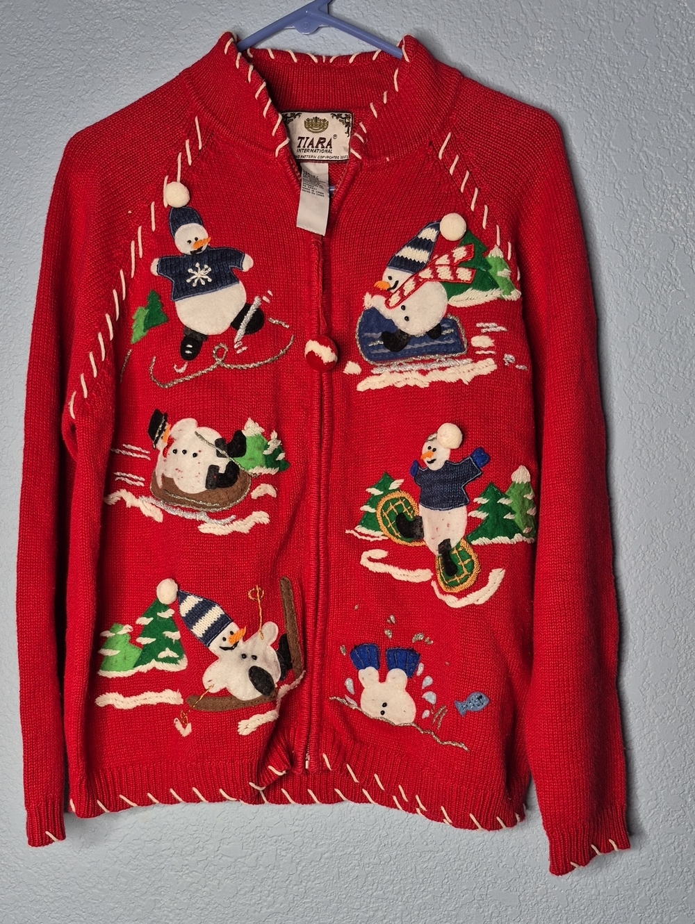 Tiara Red Holiday Snowman Zip-Up Cardigan Sweater